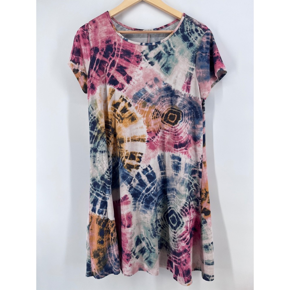 Yarn & Sea Womens Pink Blue Tie Dye Short Sleeve Swing Mini Dress Size M Artsy